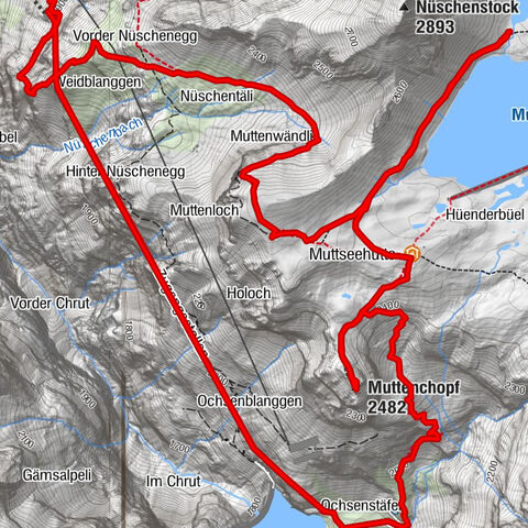Kalktrittli - Nüschentäli - Muttsee - Obersee - Muttenchopf - Mörtel - Limmerensee - Kalktrittli (durch Stollen)